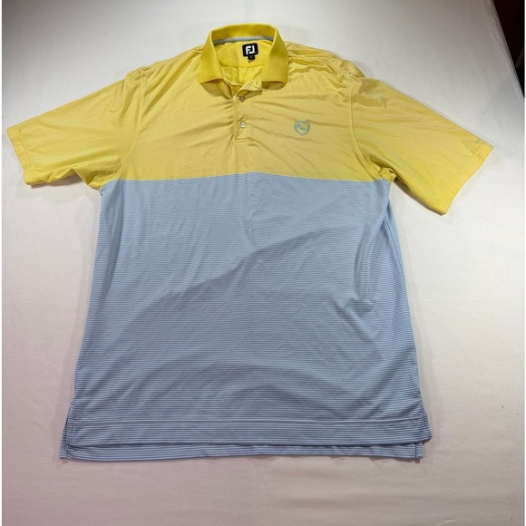 FootJoy Other - FootJoy FJ Performance Golf Polo Shirt Mens Large Yellow Blue Stripe Crest Logo